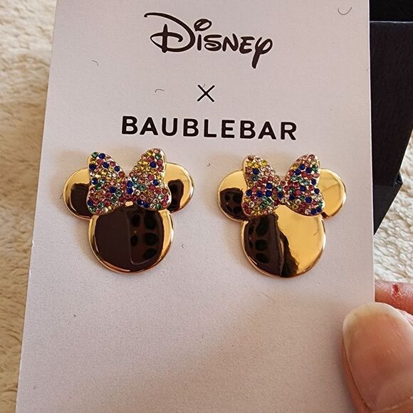 NEW Disney X Baublebar Gold Rainbow Rhinestone Minnie Mouse Earrings - Picture 2 of 5